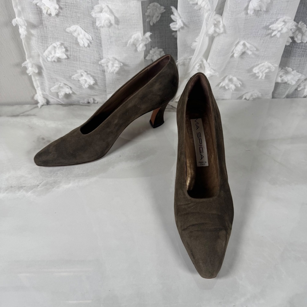 Vintage‎ Via Spiga Dark Sage Green Suede Pumps Heels Italian Leather 90s 8.5AA